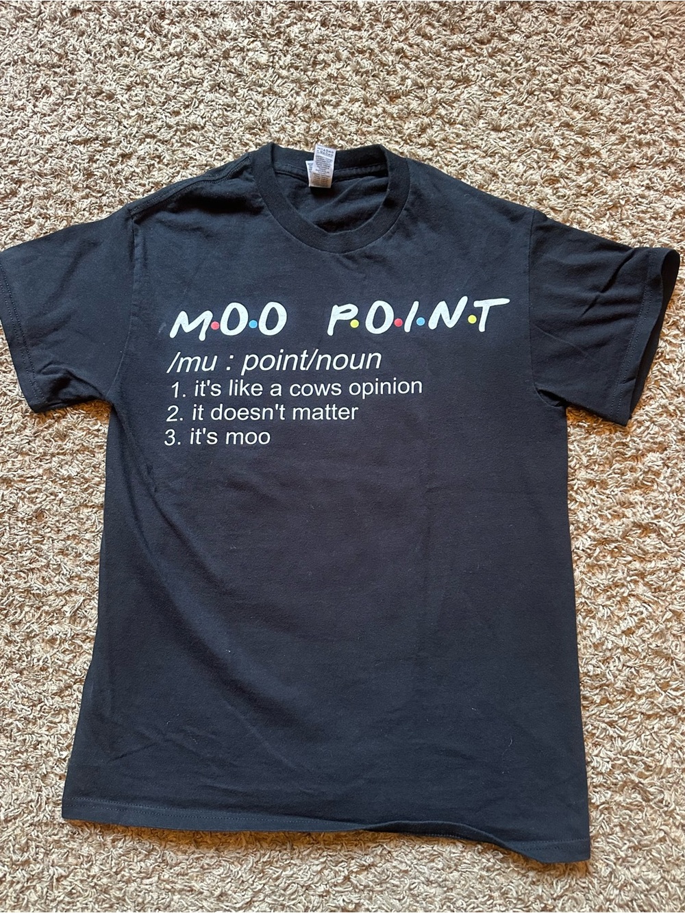 Women’s Gildan FRIENDS TV ‘MOO POINT’ Tee; Black; Size S